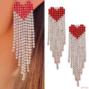 New Gold & Red Rhinestone Heart Fringe Drop Statement Post Fashion Earrings